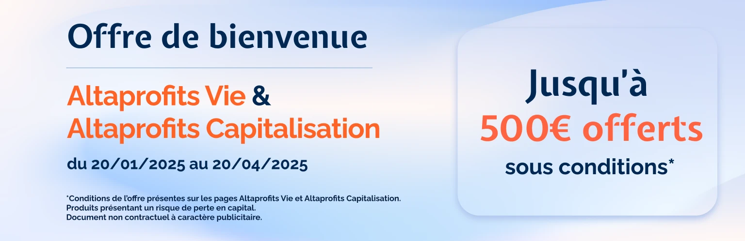 Bannière d'offre de bienvenue Altaprofits Vie 500 euros offerts