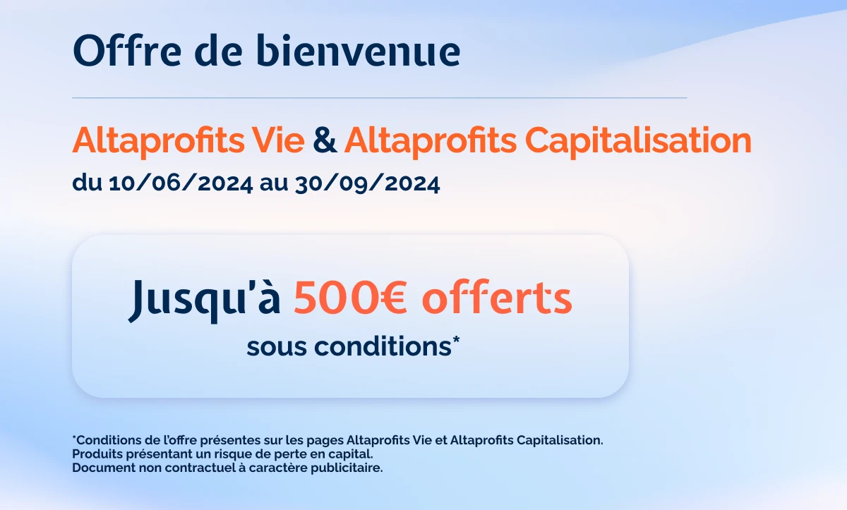 Bannière d'offre de bienvenue Altaprofits Vie 500 euros offerts