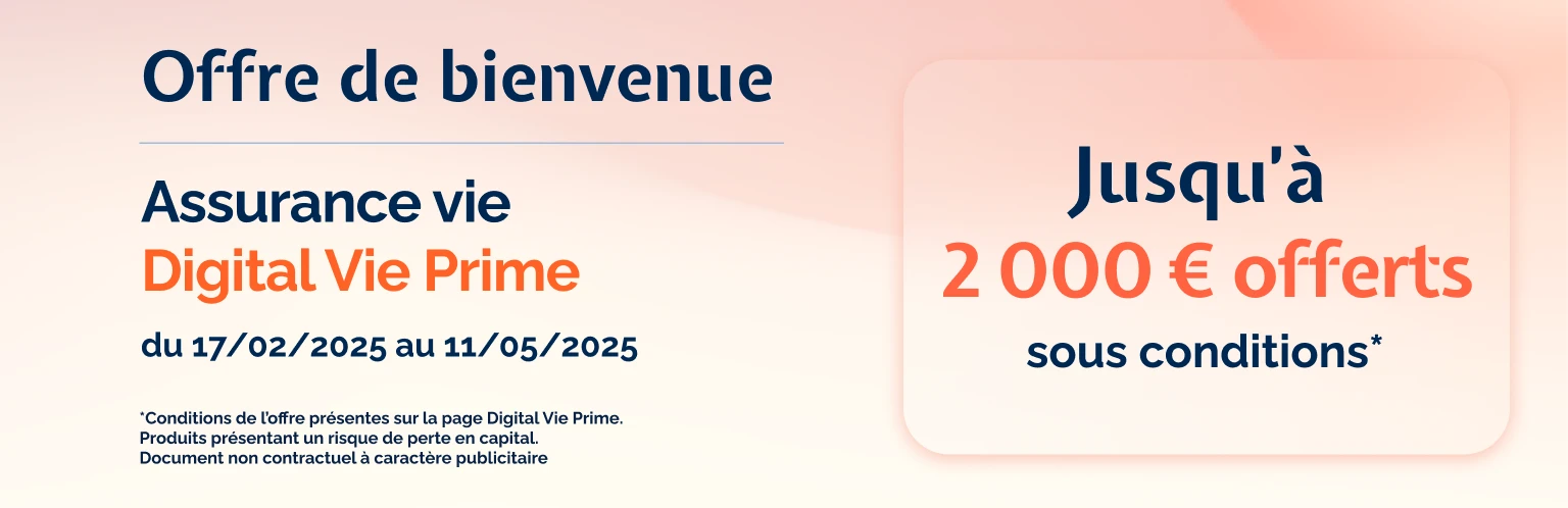 Bannière d'offre de bienvenue Digital Vie Prime pour 2000 euros offerts