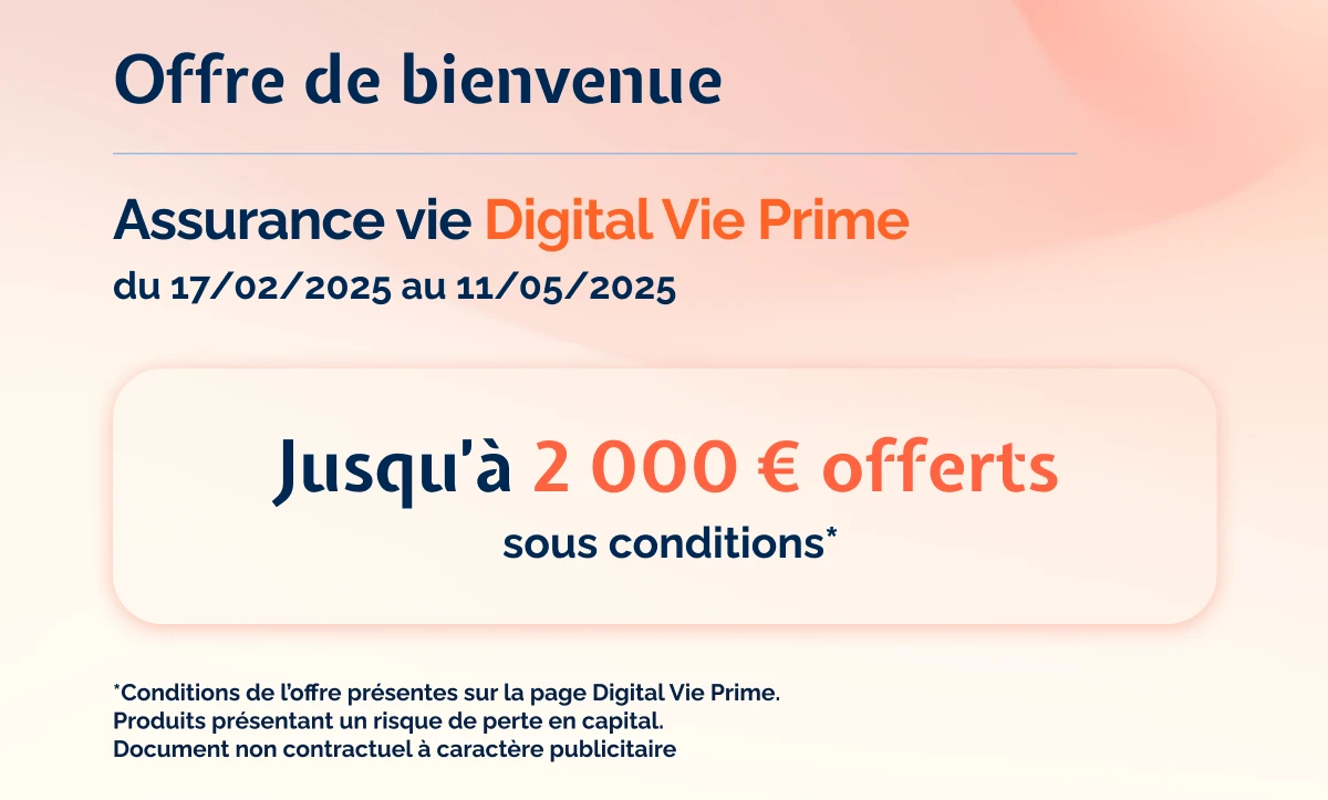 Bannière d'offre de bienvenue Digital Vie Prime pour 2000 euros offerts